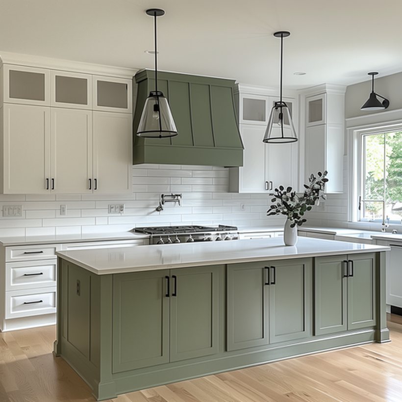 Kitchen remodel with sage green island, white cabinets, and quartz countertops