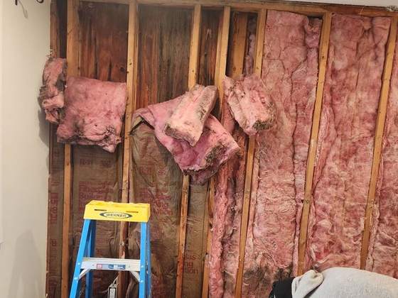 Before: bedroom wall opened with wet insulation exposed after an ice dam leak