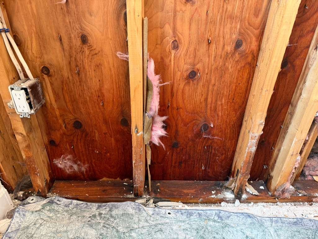 Plywood sheathing and outlet box detail behind drywall in West Roxbury wall — SR Enterprises insurance documentation